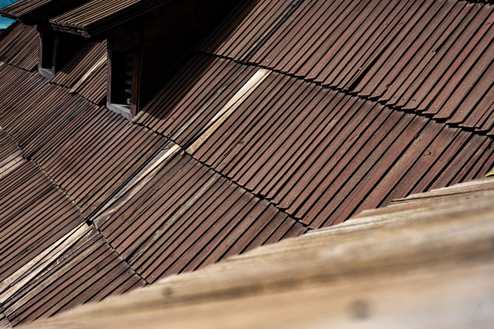 Weathered split cedar shakes in staggered courses, raking light across the grain.